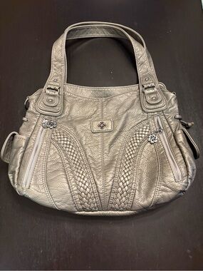 PROD Metallic Green Gray Faux Leather Shoulder Bag with Braiding and Silver